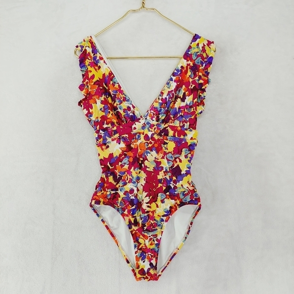 Sea Angel Floral Red Ruffle One Piece Summer Swimsuit P741 - Picture 2 of 8